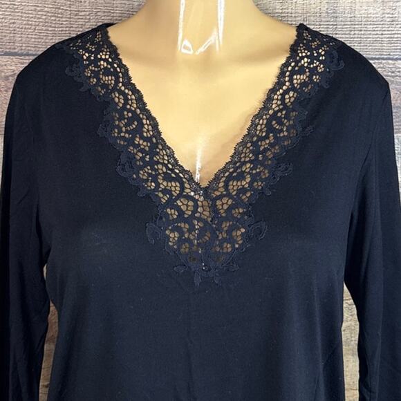 Natori Solid Black Cropped Sleeve Lace Trim Top Loungewear Size Large - Picture 2 of 8